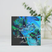 Blauwgroen Blauwe Zwarte Masquerade Ball Party Kaart (Staand voorkant)