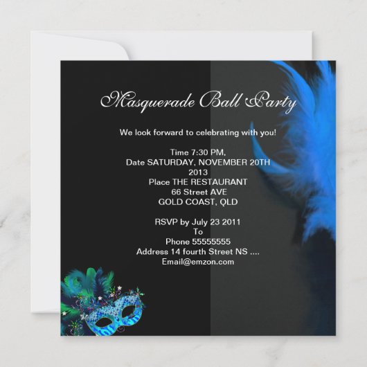 Blauwgroen Blauwe Zwarte Masquerade Ball Party Kaart (Achterkant)
