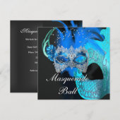 Blauwgroen Blauwe Zwarte Masquerade Ball Party Kaart (Voorkant / Achterkant)