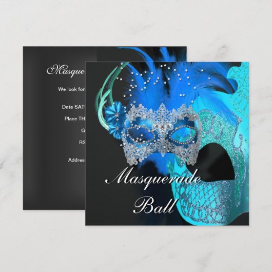 Blauwgroen Blauwe Zwarte Masquerade Ball Party Kaart (Voorkant / Achterkant)