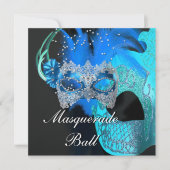 Blauwgroen Blauwe Zwarte Masquerade Ball Party Kaart (Voorkant)