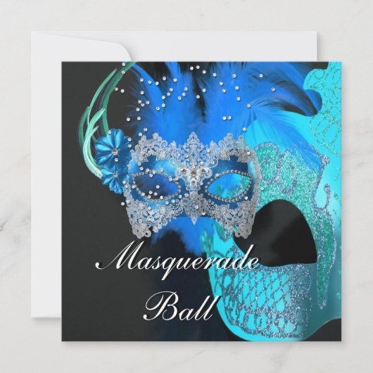 Blauwgroen Blauwe Zwarte Masquerade Ball Party Kaart (Voorkant)