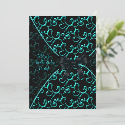 Blauwgroen Blauwe Zwarte Verjaardag Uitnodiging Sj (Staand voorkant)