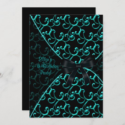 Blauwgroen Blauwe Zwarte Verjaardag Uitnodiging Sj (Voorkant / Achterkant)