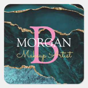 Blauwgroen BLK gouden agaat, naam monogram bezetti Vierkante Sticker