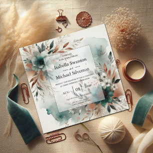 Blauwgroen bloemblaadjes in Bronze Bloom Wedding Kaart