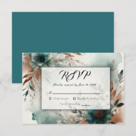 Blauwgroen bloemblaadjes in Bronze Bloom Wedding RSVP Kaartje
