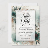 Blauwgroen bloemblaadjes in Bronze Bloom Wedding Save The Date (Voorkant)