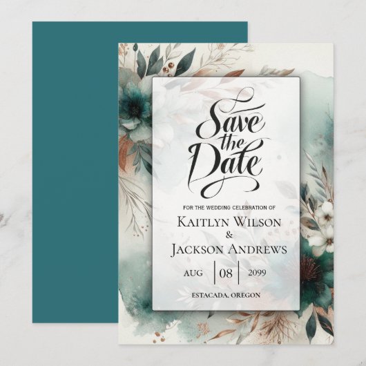 Blauwgroen bloemblaadjes in Bronze Bloom Wedding Save The Date (Voorkant / Achterkant)