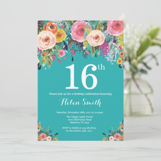 Blauwgroen Bloemen 16e Verjaardag Uitnodiging (Staand voorkant)
