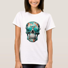Blauwgroen Bloemen 3D Dode Schedel met zonnebril T-shirt