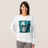 Blauwgroen Bloemen 3D Dode Schedel met zonnebril T-shirt (Voorkant volledig)