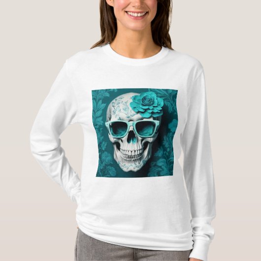 Blauwgroen Bloemen 3D Dode Schedel met zonnebril T-shirt (Voorkant)