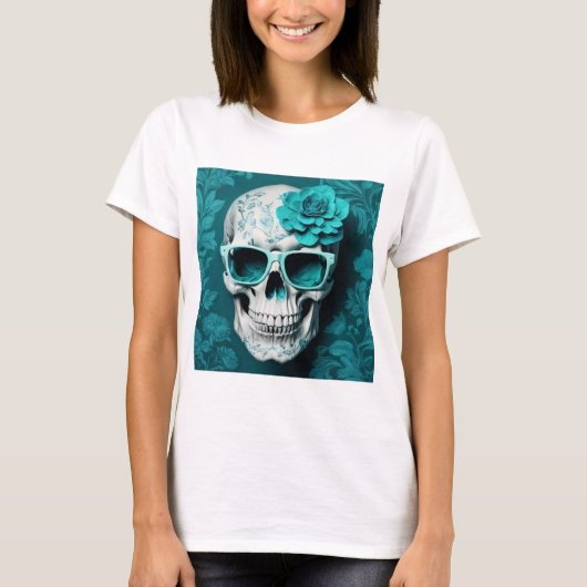 Blauwgroen Bloemen 3D Dode Schedel met zonnebril T-shirt (Voorkant)