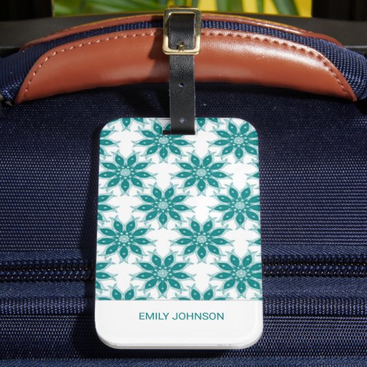 Blauwgroen bloemen aangepaste naam wit bagagelabel (Voorkant Insitu 2)