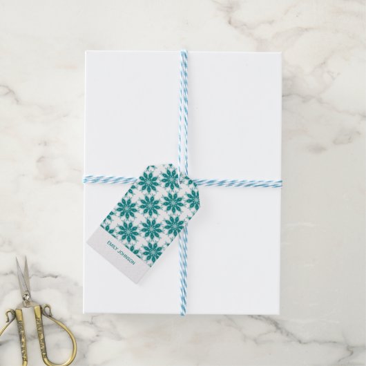 Blauwgroen bloemen aangepaste naam wit cadeaulabel (Met Touw)