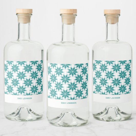 Blauwgroen bloemen aangepaste naam wit likeurfles etiket (Flessen)