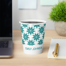 Blauwgroen bloemen aangepaste naam wit papieren bekers