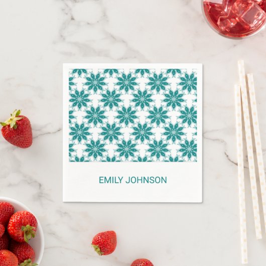 Blauwgroen bloemen aangepaste naam wit servet (Insitu)