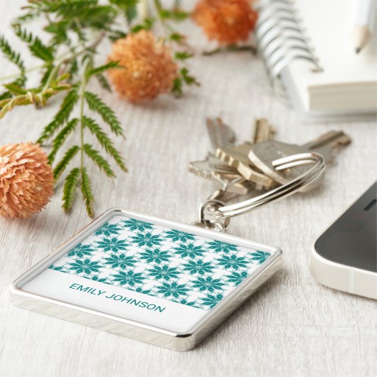 Blauwgroen bloemen aangepaste naam wit sleutelhanger (Zijkant)