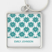 Blauwgroen bloemen aangepaste naam wit sleutelhanger (Voorkant)