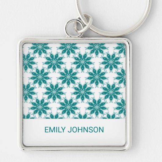 Blauwgroen bloemen aangepaste naam wit sleutelhanger (Voorkant)