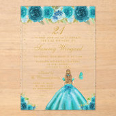 Blauwgroen Bloemen Blond Haar Prinses Verjaardagsf Acryl Uitnodigingen (Voorkant)