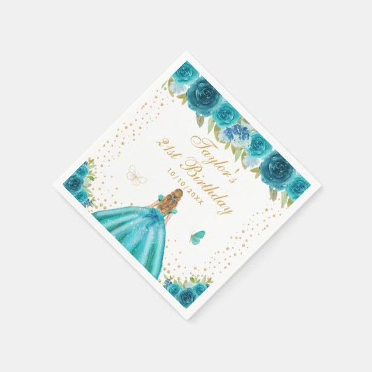 Blauwgroen Bloemen Blond Haar Prinses Verjaardagsf Servet (Hoek)