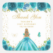 Blauwgroen Bloemen Blond Haar Prinses Verjaardagsf Vierkante Sticker (Voorkant)