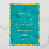 Blauwgroen bloemen bruiloft folie uitnodiging (Voorkant)
