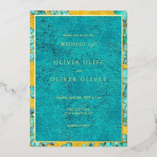 Blauwgroen bloemen bruiloft folie uitnodiging (Voorkant)