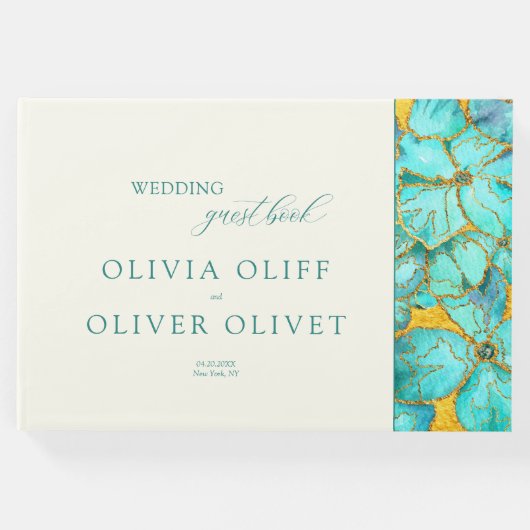 Blauwgroen bloemen bruiloft gastenboek (Voorkant)