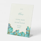 Blauwgroen Bloemen Bruiloft Open Bar Proost Reclamebord Met Voetstuk (Voorkant)