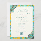 Blauwgroen bloemen bruiloft Save the Date QR Code Kaart (Voorkant)