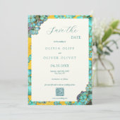 Blauwgroen bloemen bruiloft Save the Date QR Code Kaart (Staand voorkant)