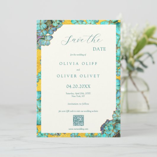 Blauwgroen bloemen bruiloft Save the Date QR Code Kaart (Staand voorkant)