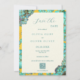 Blauwgroen bloemen bruiloft Save the Date QR Code Kaart