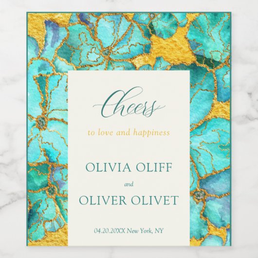 Blauwgroen bloemen bruiloft wijn etiket (Enkel label)