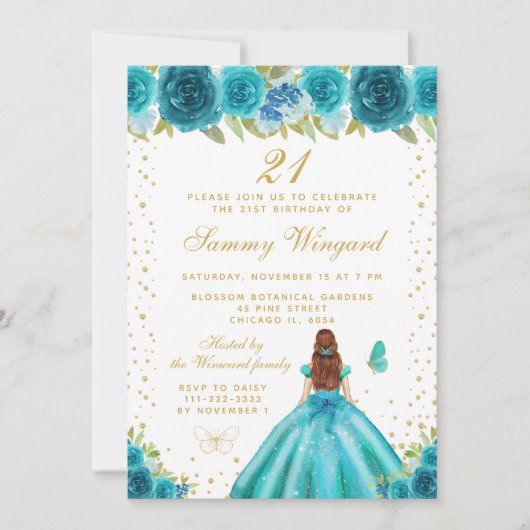 Blauwgroen Bloemen Bruin Haar Prinses Verjaardagsf Kaart (Voorkant)