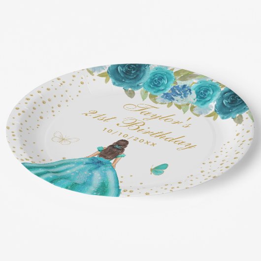 Blauwgroen Bloemen Brunette Haar Prinses Verjaarda Papieren Bordje (Gekanteld)