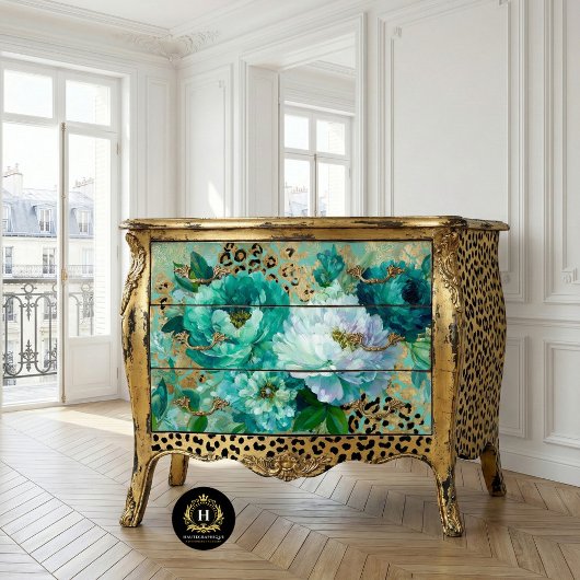 Blauwgroen Bloemen Cheetah Print Decoupage Tissuepapier