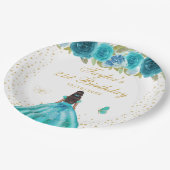 Blauwgroen Bloemen Donkere Huid Prinses Verjaardag Papieren Bordje (Gekanteld)