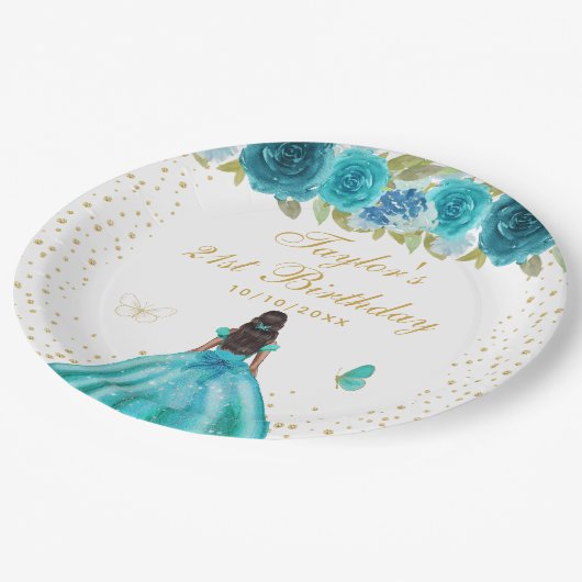 Blauwgroen Bloemen Donkere Huid Prinses Verjaardag Papieren Bordje (Gekanteld)