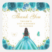 Blauwgroen Bloemen Donkere Huid Prinses Verjaardag Vierkante Sticker (Voorkant)