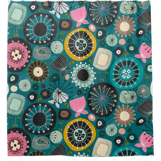 Blauwgroen BLOEMEN Douchegordijn (Voorkant)