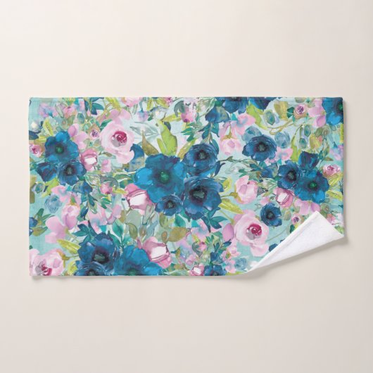 Blauwgroen bloemen en roze rozen op Blauwgroen Handdoek (Handdoek)