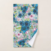 Blauwgroen bloemen en roze rozen op Blauwgroen Handdoek (Handdoek)