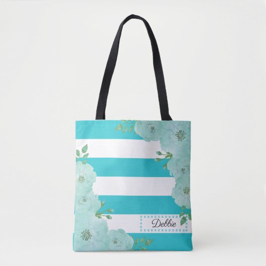  Blauwgroen bloemen en strips-Canvas tas (Voorkant)