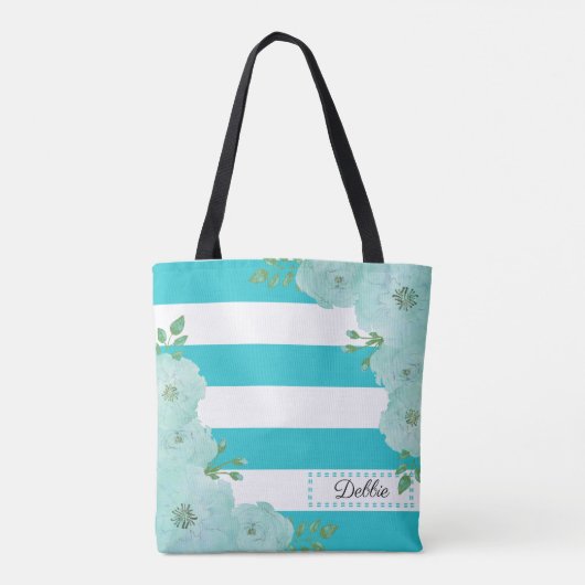 Blauwgroen bloemen en strips-Canvas tas (Achterkant)