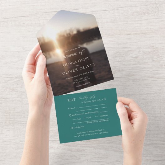 Blauwgroen bloemen Foto's in één uitnodiging (Afscheurbaar)